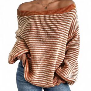 Oversized Off the Shoulder Balloon Sleeve Orange White Sweater Size Small